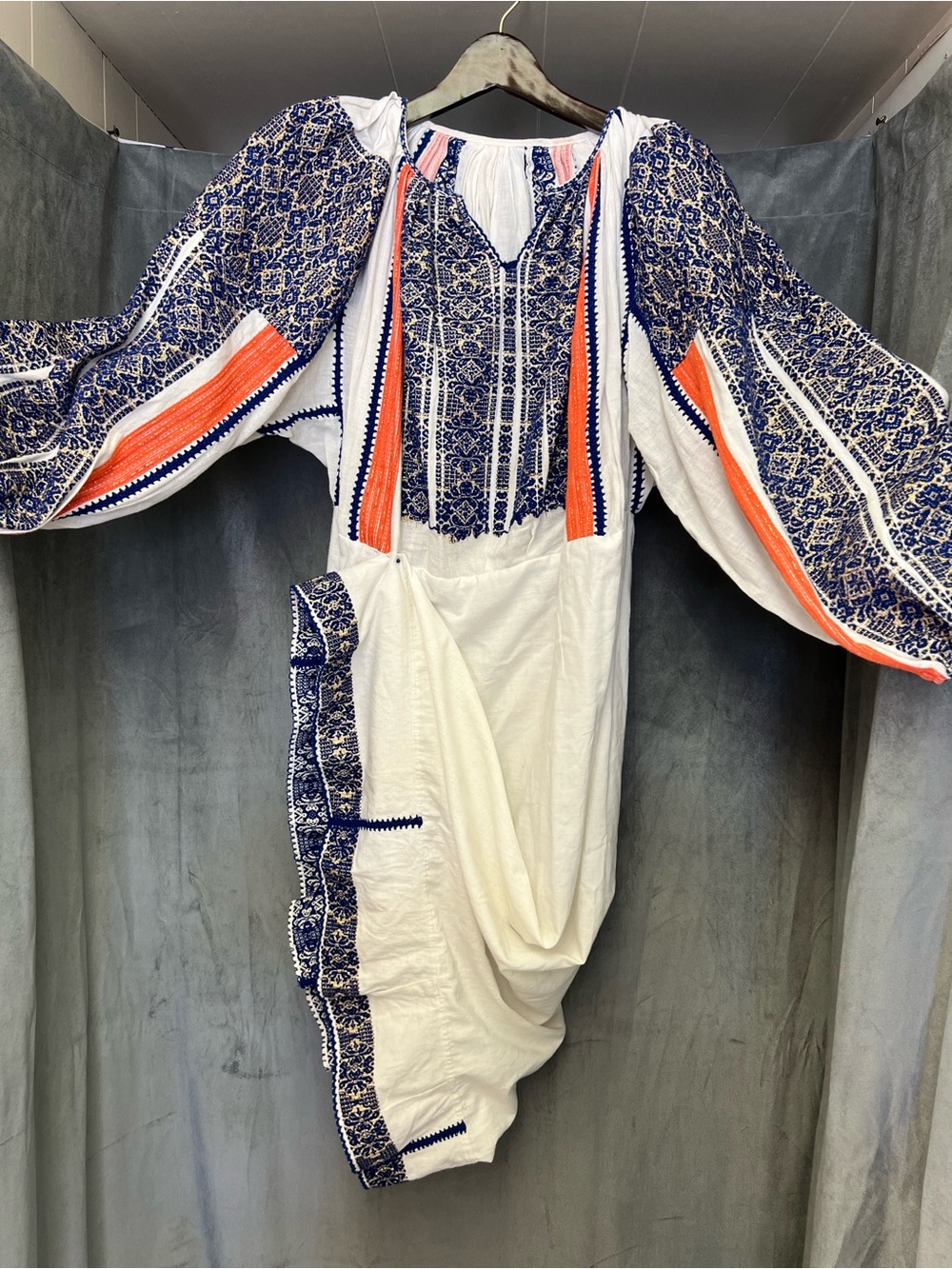 Romanian ie Embroidered Long Sleeve Boho Maxi Dress - White & Navy with Orange